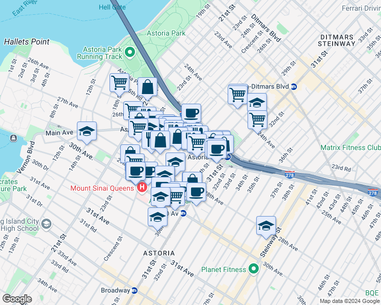map of restaurants, bars, coffee shops, grocery stores, and more near 26-14 25th Road in Queens