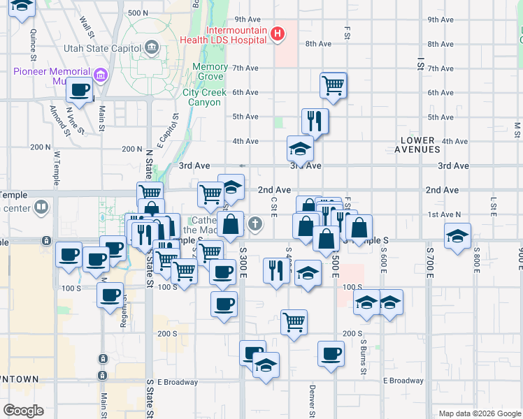 map of restaurants, bars, coffee shops, grocery stores, and more near 263 1st Avenue North in Salt Lake City
