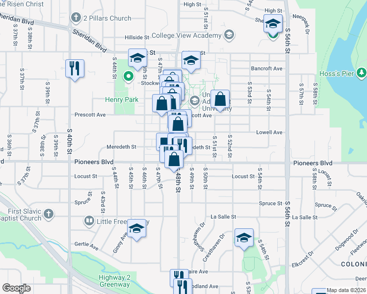 map of restaurants, bars, coffee shops, grocery stores, and more near Meredeth Street in Lincoln