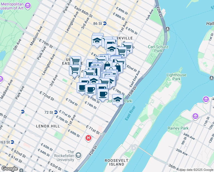 map of restaurants, bars, coffee shops, grocery stores, and more near 425 East 79th Street in New York