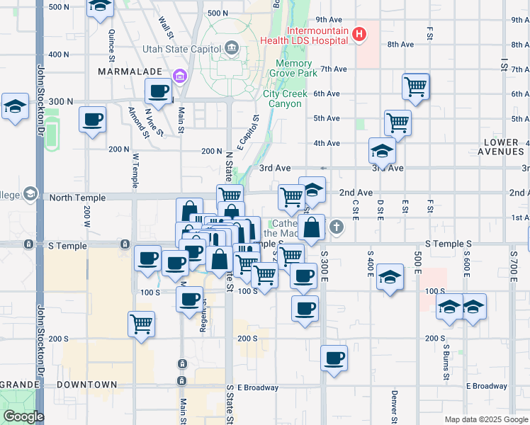 map of restaurants, bars, coffee shops, grocery stores, and more near 131 East 1st Avenue in Salt Lake City