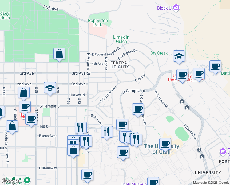 map of restaurants, bars, coffee shops, grocery stores, and more near 1479 Sigsbee Avenue in Salt Lake City