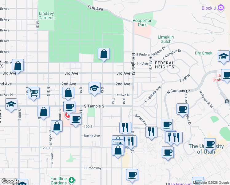 map of restaurants, bars, coffee shops, grocery stores, and more near 1158 2nd Avenue in Salt Lake City