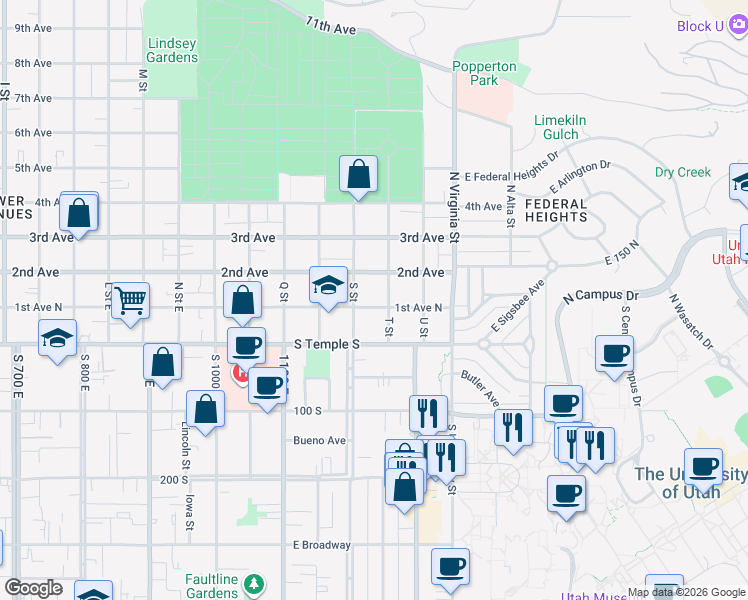 map of restaurants, bars, coffee shops, grocery stores, and more near 1158 2nd Avenue in Salt Lake City