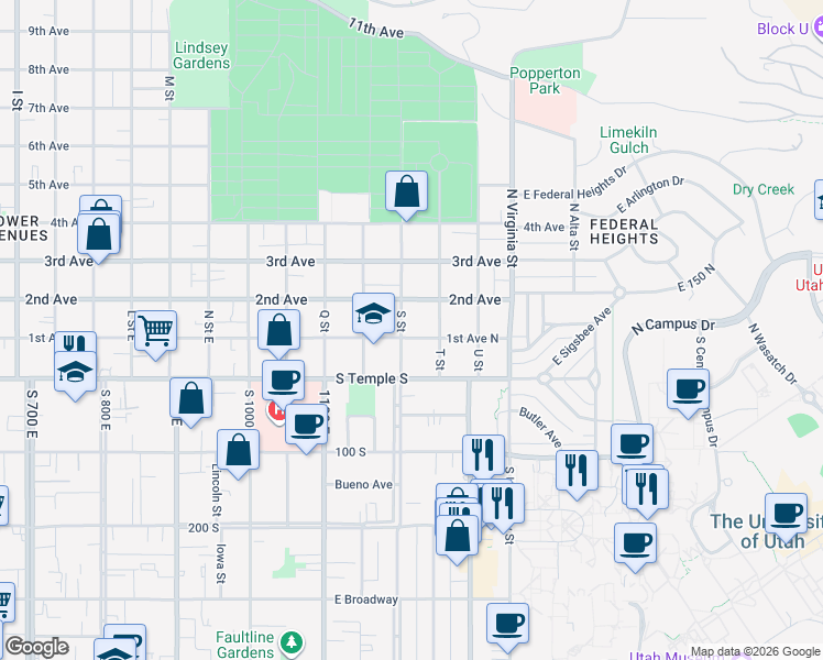 map of restaurants, bars, coffee shops, grocery stores, and more near in Salt Lake City