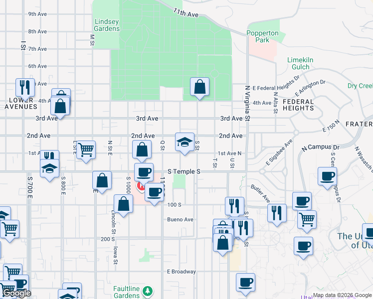 map of restaurants, bars, coffee shops, grocery stores, and more near 1054 East 2nd Avenue in Salt Lake City
