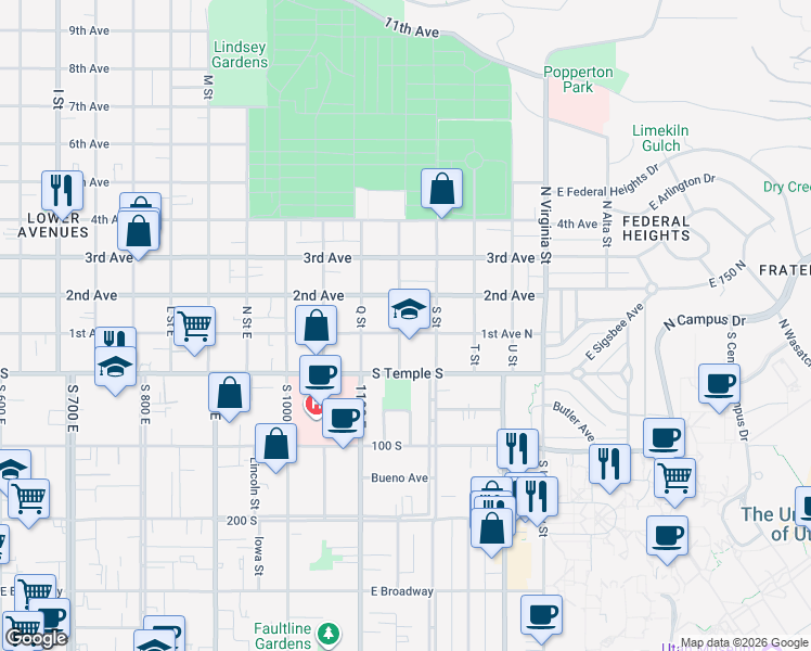 map of restaurants, bars, coffee shops, grocery stores, and more near 1054 East 2nd Avenue in Salt Lake City