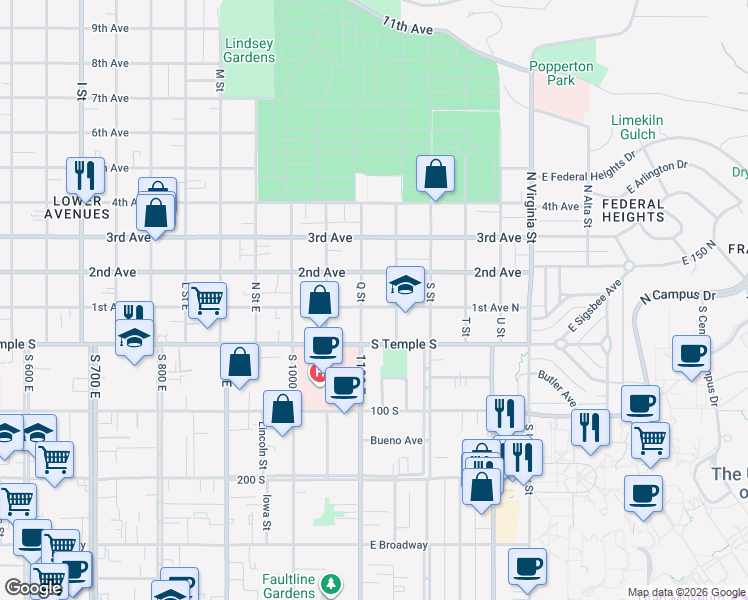 map of restaurants, bars, coffee shops, grocery stores, and more near 82 Q Street in Salt Lake City