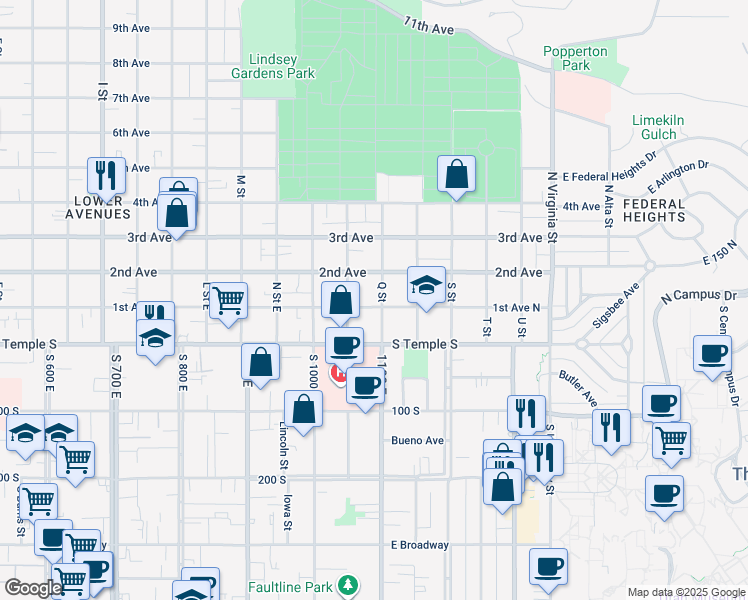 map of restaurants, bars, coffee shops, grocery stores, and more near 82 Q Street in Salt Lake City