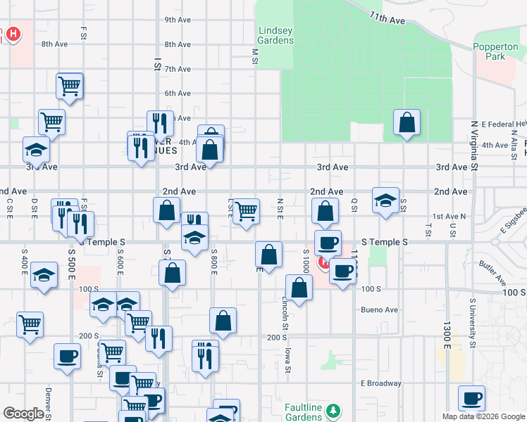 map of restaurants, bars, coffee shops, grocery stores, and more near 90 M Street in Salt Lake City