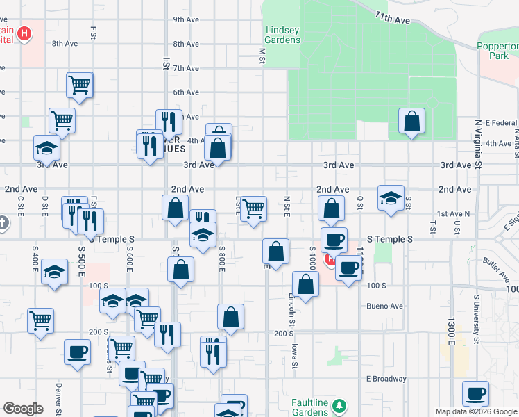 map of restaurants, bars, coffee shops, grocery stores, and more near 90 M Street in Salt Lake City