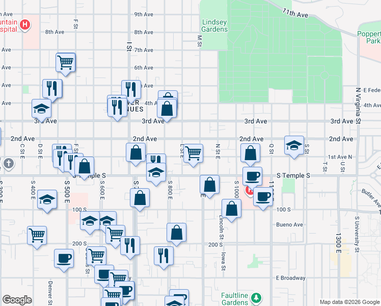 map of restaurants, bars, coffee shops, grocery stores, and more near 90 L Street East in Salt Lake City