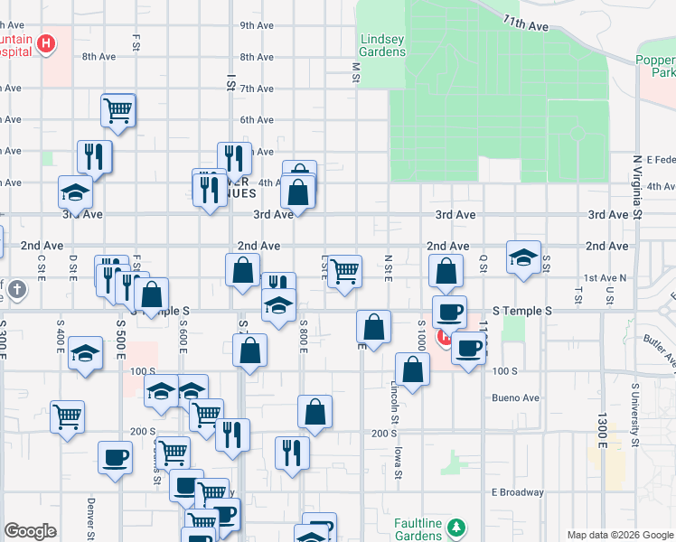 map of restaurants, bars, coffee shops, grocery stores, and more near 90 L Street East in Salt Lake City