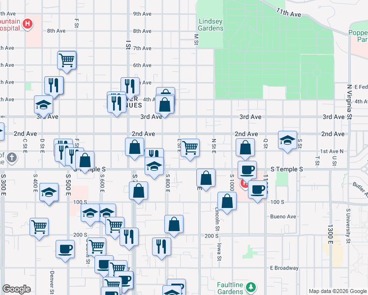 map of restaurants, bars, coffee shops, grocery stores, and more near 90 L Street East in Salt Lake City