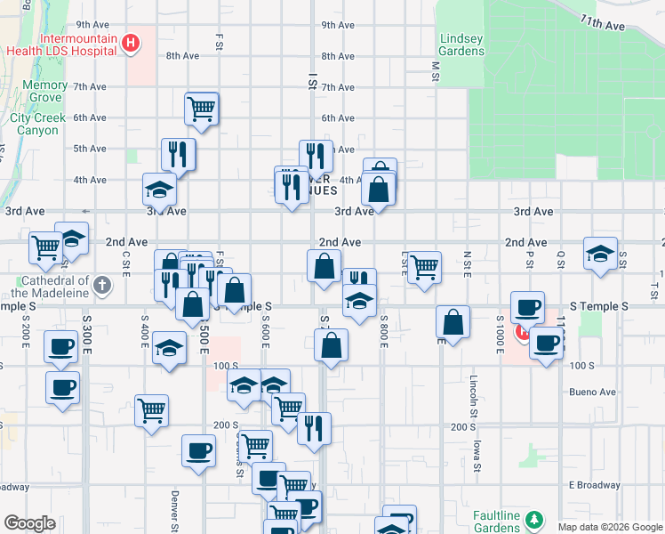 map of restaurants, bars, coffee shops, grocery stores, and more near 85 J Street in Salt Lake City