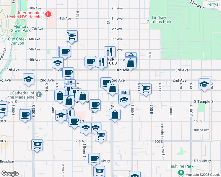 map of restaurants, bars, coffee shops, grocery stores, and more near 604 2nd Avenue in Salt Lake City