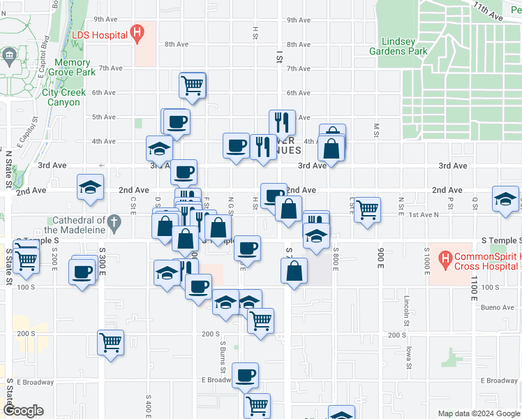 map of restaurants, bars, coffee shops, grocery stores, and more near 89 H Street in Salt Lake City
