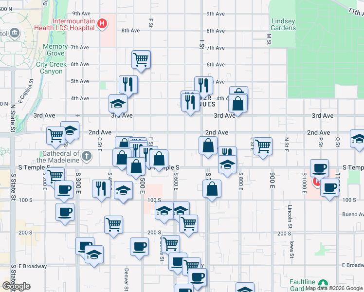 map of restaurants, bars, coffee shops, grocery stores, and more near 89 H Street in Salt Lake City