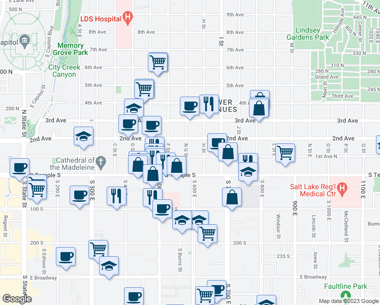 map of restaurants, bars, coffee shops, grocery stores, and more near 84 North G Street in Salt Lake City