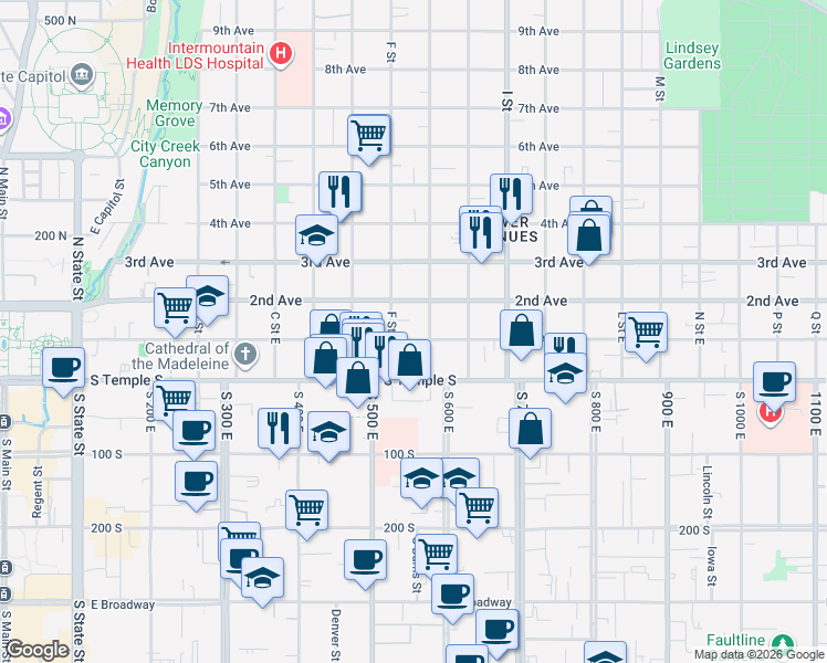 map of restaurants, bars, coffee shops, grocery stores, and more near 84 North G Street in Salt Lake City