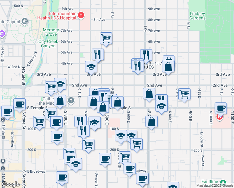 map of restaurants, bars, coffee shops, grocery stores, and more near 84 F Street East in Salt Lake City