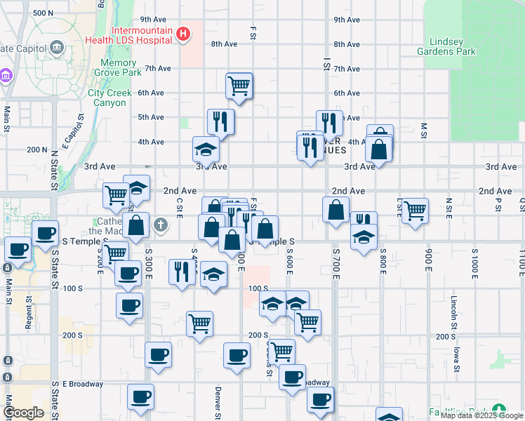 map of restaurants, bars, coffee shops, grocery stores, and more near 84 F Street East in Salt Lake City