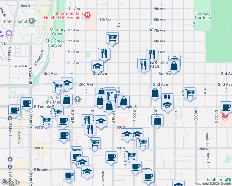 map of restaurants, bars, coffee shops, grocery stores, and more near 84 F Street East in Salt Lake City