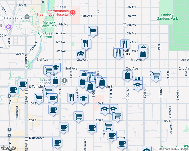 map of restaurants, bars, coffee shops, grocery stores, and more near 84 F Street East in Salt Lake City