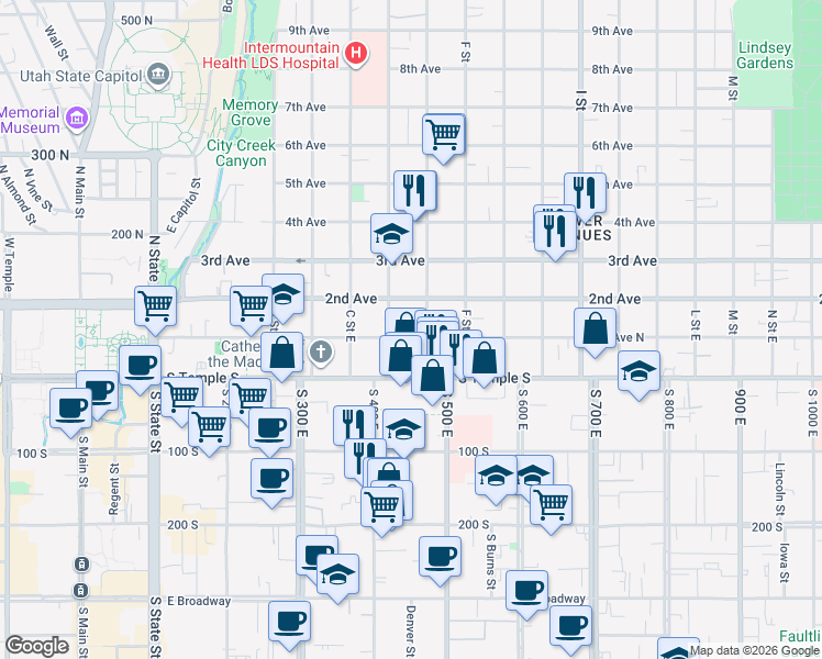 map of restaurants, bars, coffee shops, grocery stores, and more near 82 E Street East in Salt Lake City