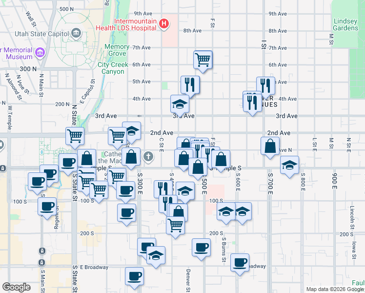 map of restaurants, bars, coffee shops, grocery stores, and more near in Salt Lake City