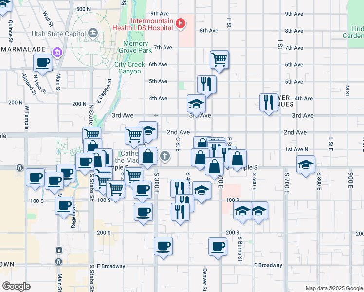 map of restaurants, bars, coffee shops, grocery stores, and more near 86 C Street East in Salt Lake City