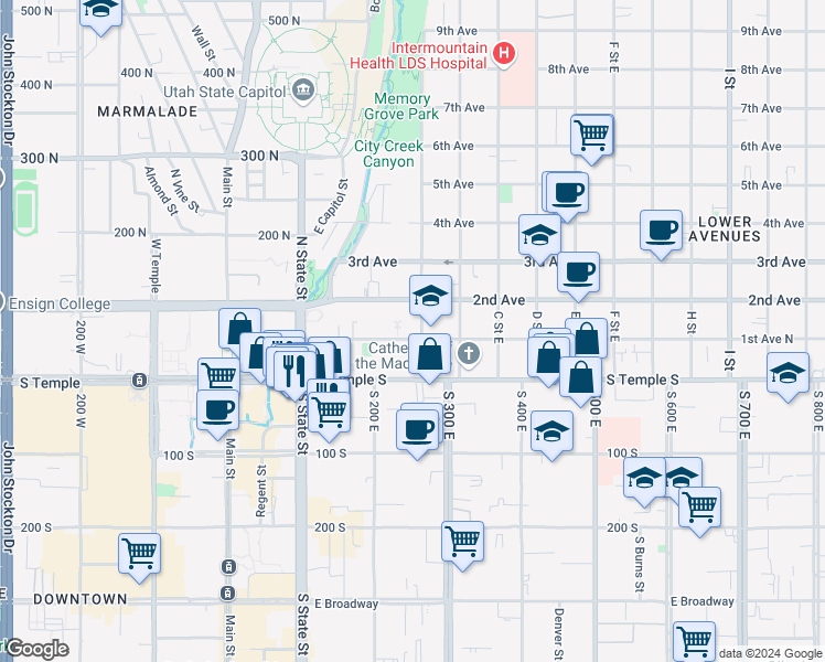 map of restaurants, bars, coffee shops, grocery stores, and more near 87 A Street East in Salt Lake City