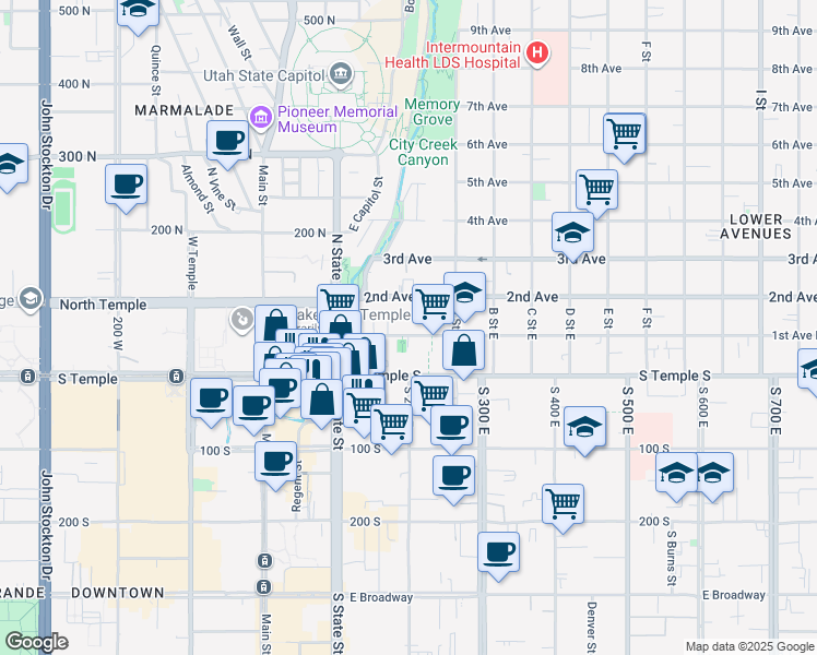 map of restaurants, bars, coffee shops, grocery stores, and more near 146 2nd Avenue in Salt Lake City