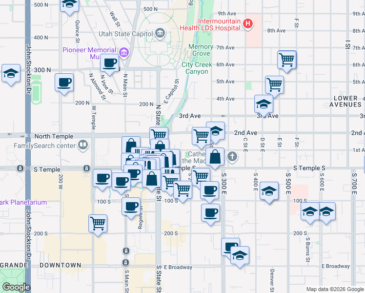 map of restaurants, bars, coffee shops, grocery stores, and more near 124 2nd Avenue in Salt Lake City