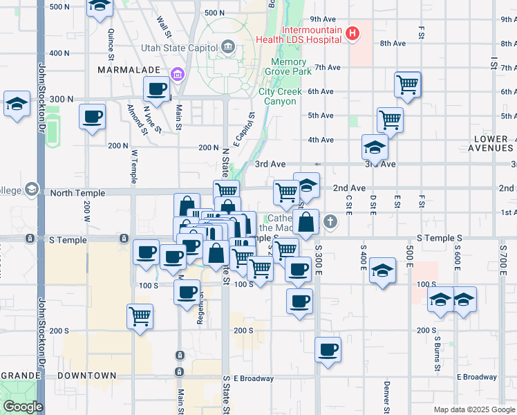 map of restaurants, bars, coffee shops, grocery stores, and more near 124 2nd Avenue in Salt Lake City