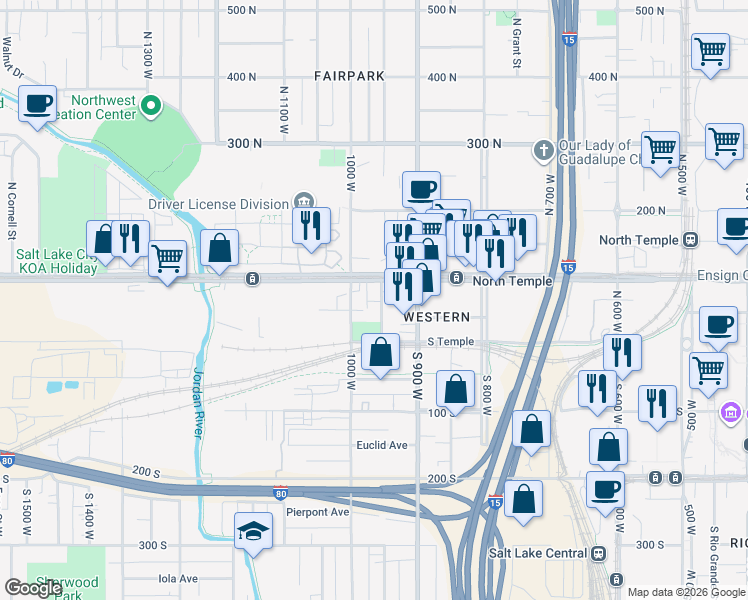 map of restaurants, bars, coffee shops, grocery stores, and more near 937 West North Temple in Salt Lake City