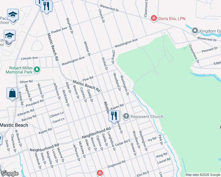 map of restaurants, bars, coffee shops, grocery stores, and more near 131 Lakeview Drive in Mastic Beach
