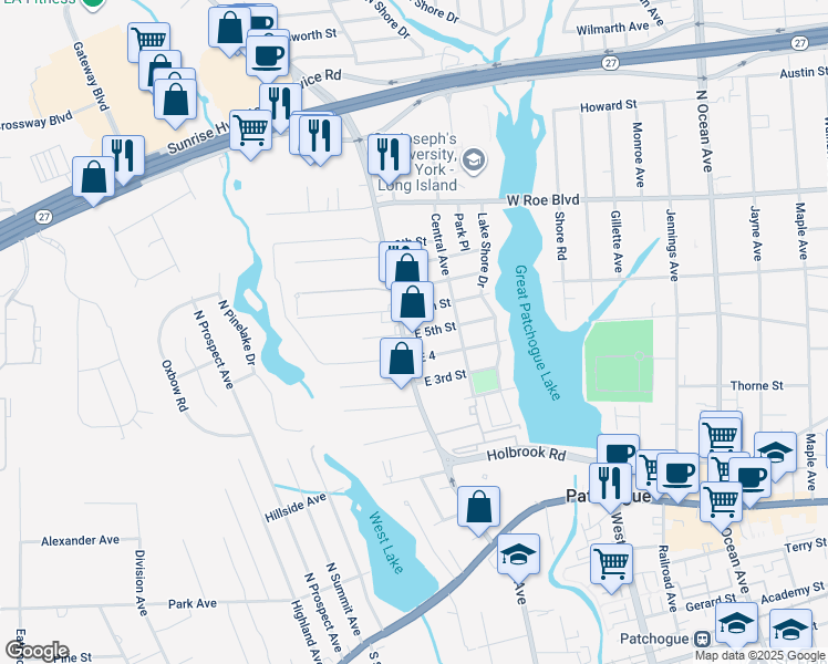 map of restaurants, bars, coffee shops, grocery stores, and more near 200 Waverly Avenue in Patchogue