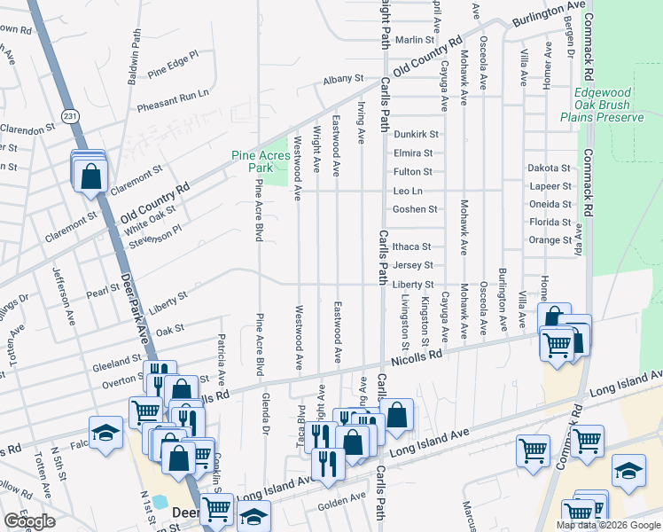 map of restaurants, bars, coffee shops, grocery stores, and more near 180 Eastwood Avenue in Deer Park