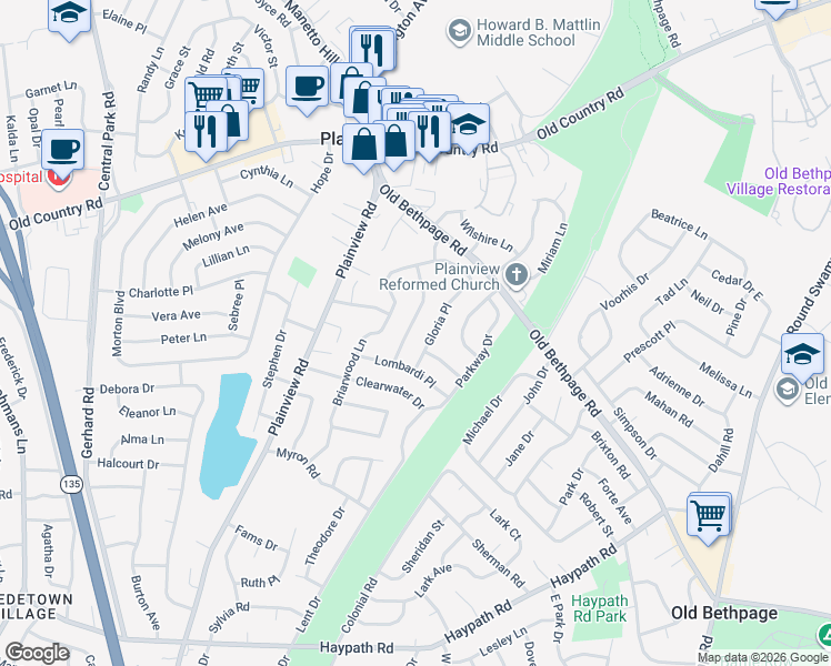 map of restaurants, bars, coffee shops, grocery stores, and more near 54 Briarwood Lane in Plainview