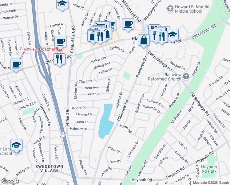 map of restaurants, bars, coffee shops, grocery stores, and more near 64 Hope Drive in Plainview