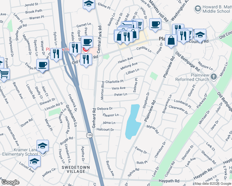 map of restaurants, bars, coffee shops, grocery stores, and more near 20 Vera Avenue in Plainview
