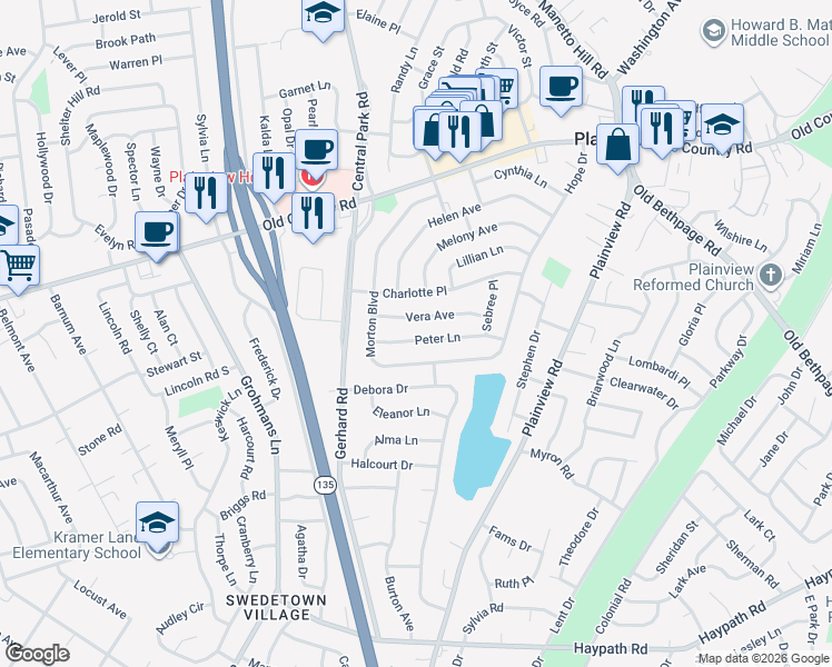 map of restaurants, bars, coffee shops, grocery stores, and more near 20 Vera Avenue in Plainview