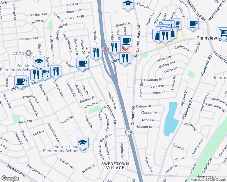 map of restaurants, bars, coffee shops, grocery stores, and more near 50 West Lane Drive in Plainview