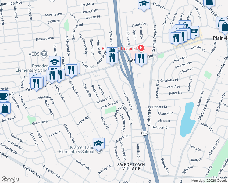 map of restaurants, bars, coffee shops, grocery stores, and more near 4 Frederick Drive in Plainview