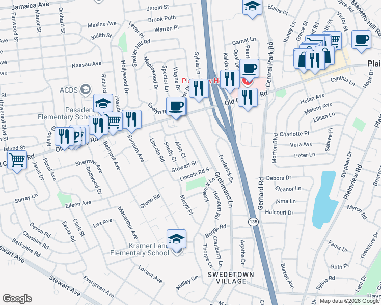 map of restaurants, bars, coffee shops, grocery stores, and more near 127 Lincoln Road in Plainview