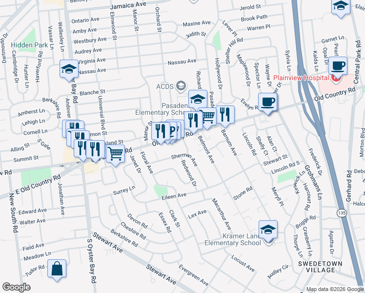 map of restaurants, bars, coffee shops, grocery stores, and more near 633 Old Country Road in Plainview