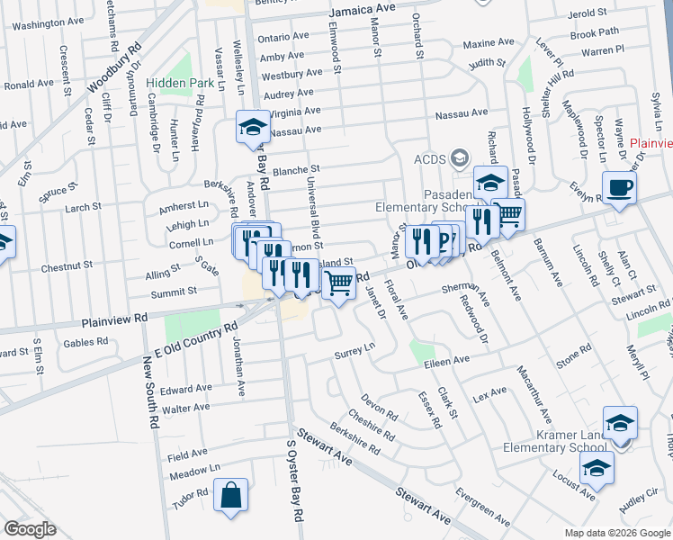 map of restaurants, bars, coffee shops, grocery stores, and more near 31 Vernon Street in Plainview