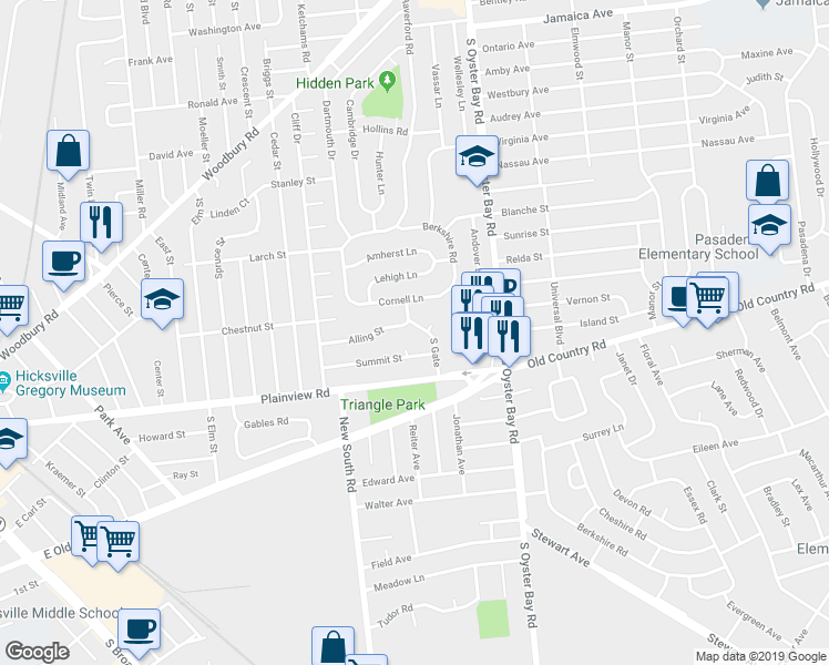 map of restaurants, bars, coffee shops, grocery stores, and more near 22 Cornell Lane in Hicksville