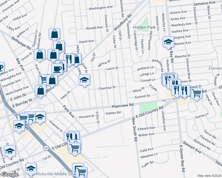 map of restaurants, bars, coffee shops, grocery stores, and more near 34 Pine Street in Hicksville